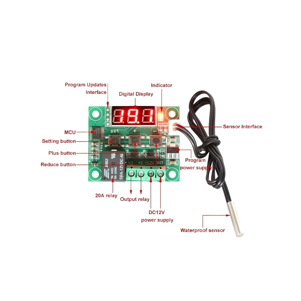 W1209 Röle Çıkışlı Dijital Termostat Kuluçka Sıcaklık Kontrol Kartı