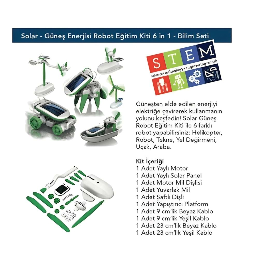 6 in 1 Solar Güneş Enerjisi ile Çalışan Robot Eğitim Kiti Bilim Seti (Helikopter,Yel Değirmeni,Robot,Uçak,Tekne,Araba)