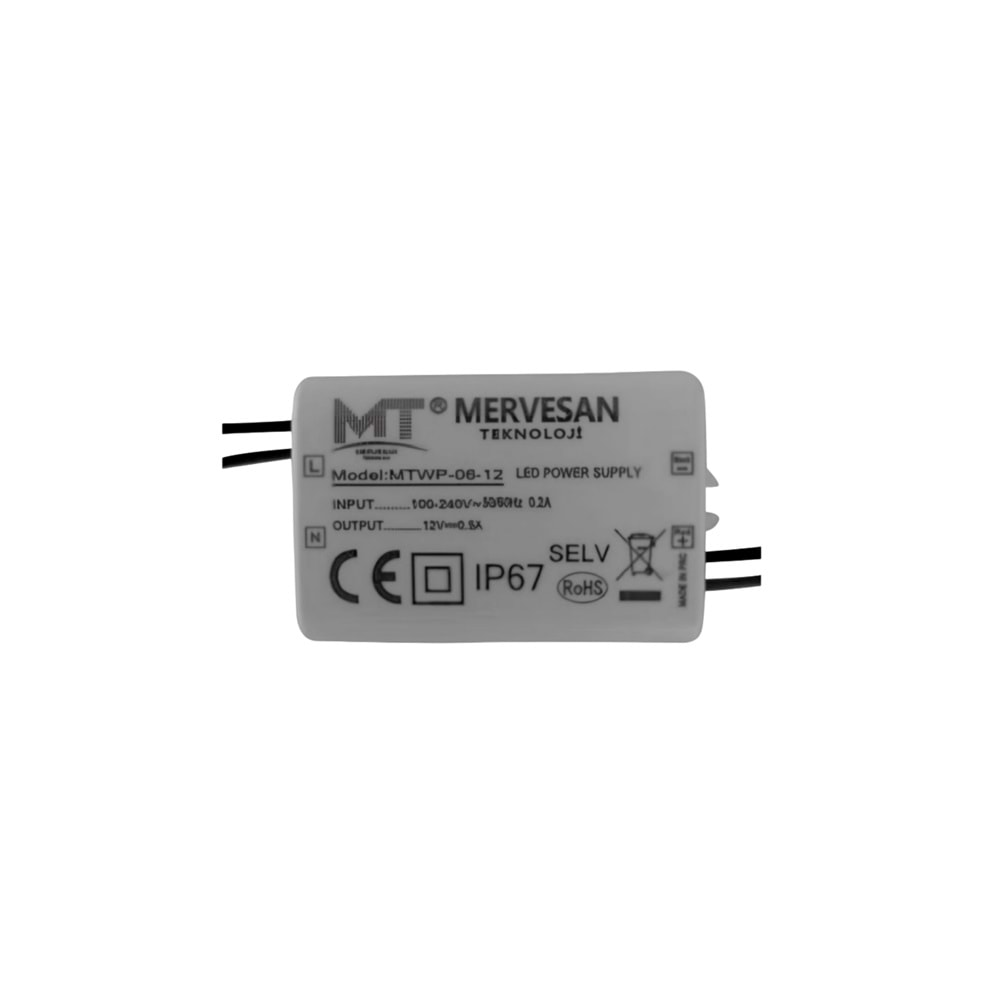 12V 0.5A 6W Sabit Voltaj SMPS IP-67, Dış Mekan Plastik Kasa MTWP-06-12 Mervesan