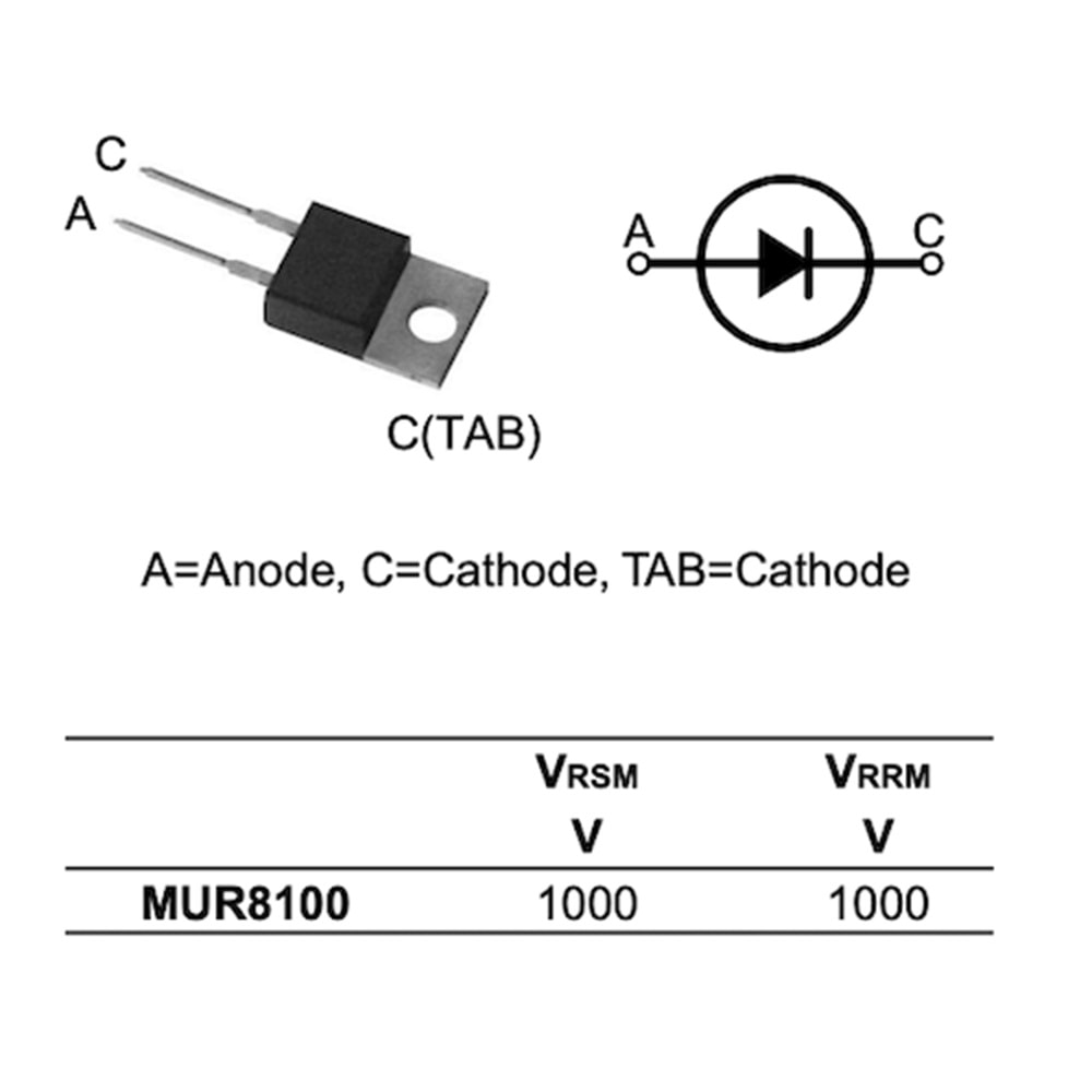 MUR8100, 8 Amper 1000 Volt Diyot TO-220AC