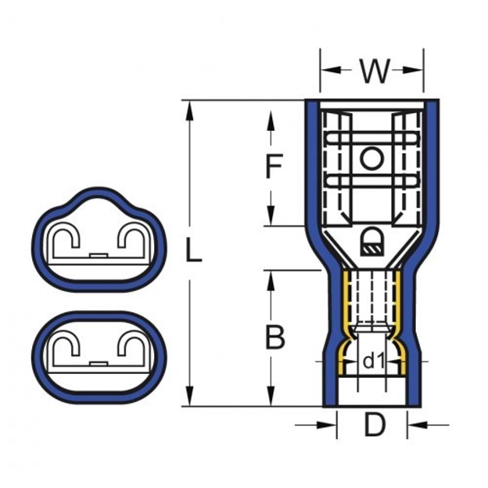 1.50-2.50mm2 Polyamid Dişi Faston Tip Tam İzoleli Kablo Ucu 0.8X6.35mm Mavi