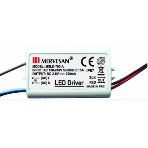 2-5V 700 mA. 4.2W LED Sürücü SMPS IP-67, Sabit Akım Led Driver MTD-700 Mervesan