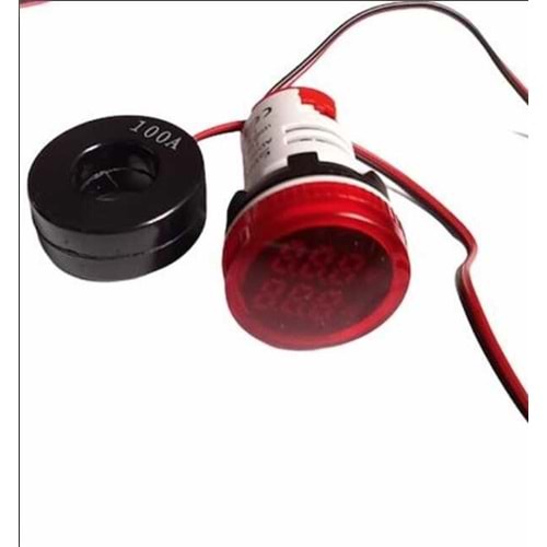 22mm Dijital Volt Ampermetre 50-500VAC - 0-100A AC Kırmızı Renk